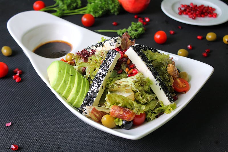 Greek salad with olives feta and fresh vegetables